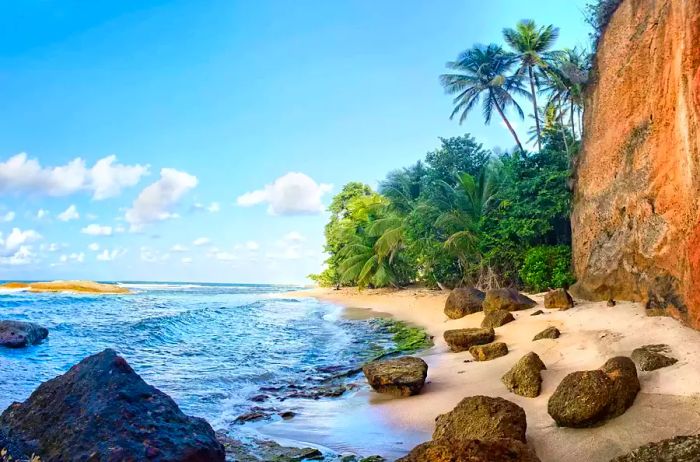 A stunning, secluded white sandy beach located on the Atlantic side of Dominica, in the Eastern Caribbean.