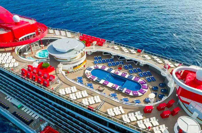 Aerial view of a pool on a Virgin cruise ship.