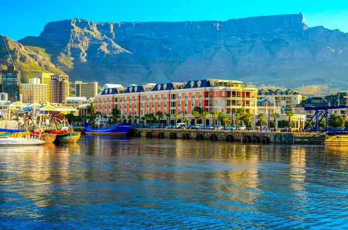 A scenic view of the Victoria & Alfred Waterfront area in Cape Town, South Africa.