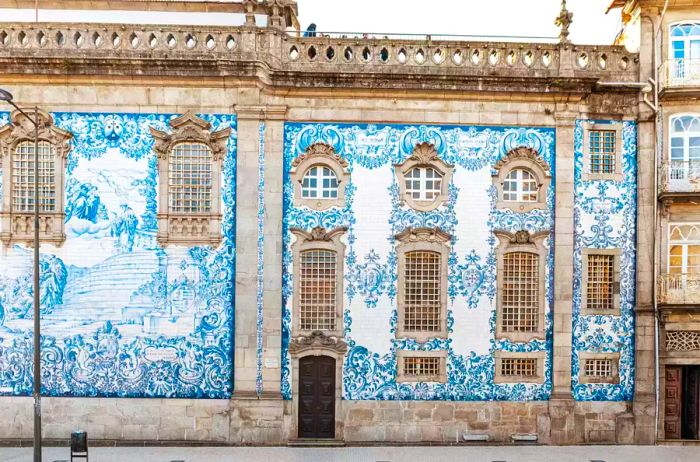 Buildings decorated with blue tiles in the beautiful city of Porto.