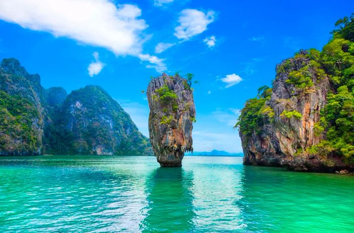 James Bond Island, an iconic spot surrounded by towering limestone cliffs and turquoise waters.