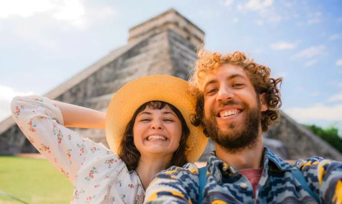 A couple capturing a selfie in front of the Chichen Itza pyramid in Mexico.