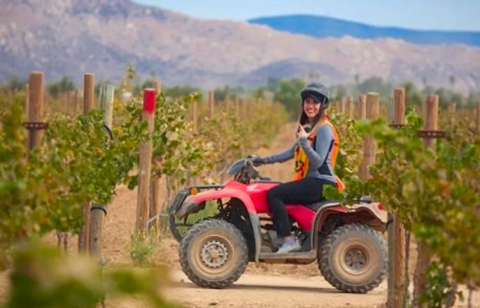 A woman beaming as she rides an ATV through the picturesque wine country of Ensenada, Mexico