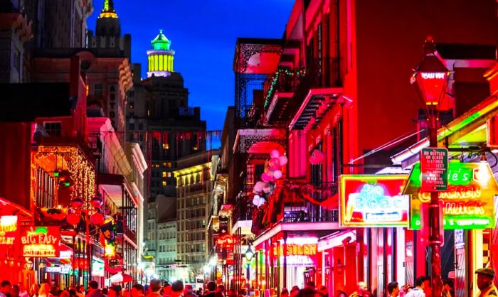 The French Quarter after dark in New Orleans, Louisiana.