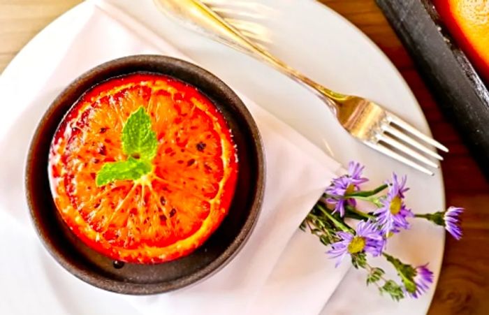 A refreshing grapefruit served at breakfast in the dining room