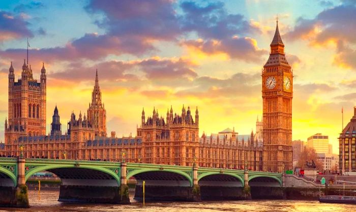 A view of the Palace of Westminster and the Elizabeth Tower in London, England.