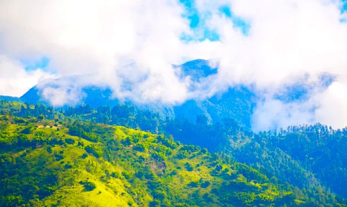 The Blue Mountains in Jamaica are shrouded in clouds.