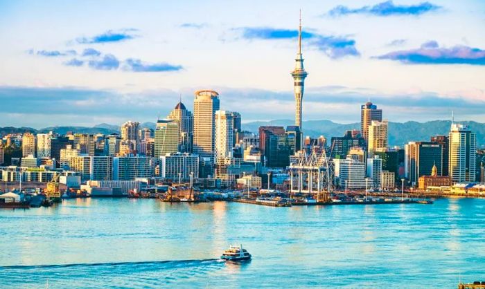 A sweeping view of Auckland, New Zealand from across the water