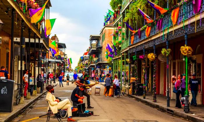 The French Quarter of New Orleans adorned for Mardi Gras festivities.