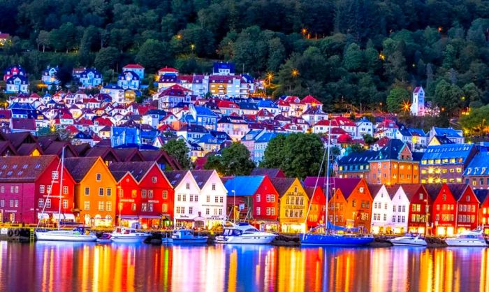 Charming Norwegian-style houses line the waterfront in Bergen, Norway.