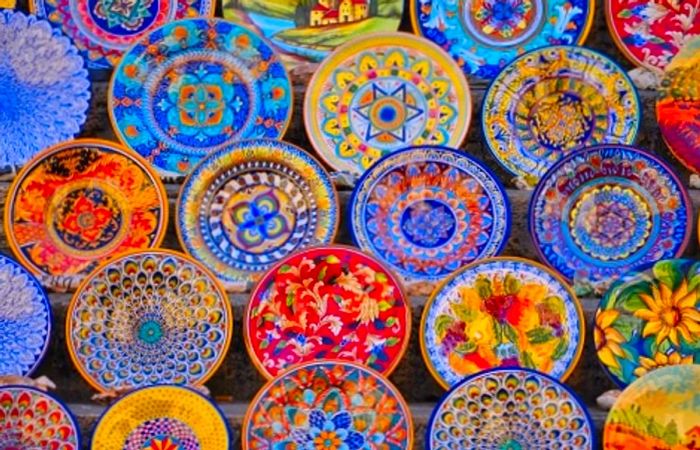 ceramic dishes available at a market in Livorno, Italy