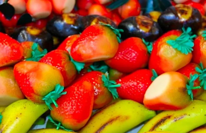 a selection of frutta martorana from a bakery in Palermo, Italy