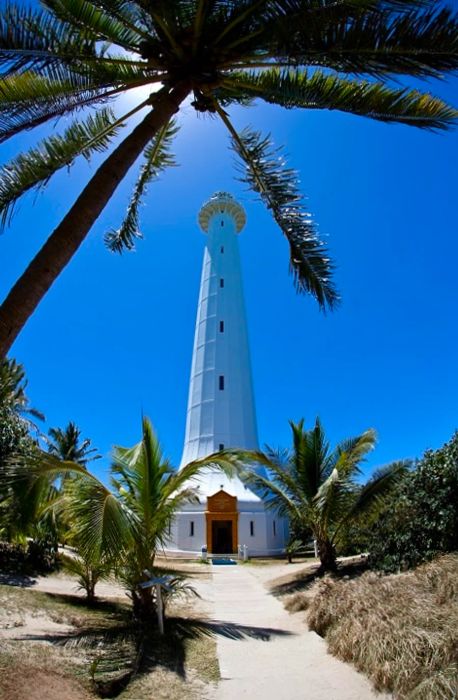 a tall lighthouse on Amedee Island just off New Caledonia