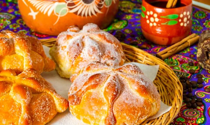 Traditional Mexican bread of the dead (pan de muerto) served with coffee.