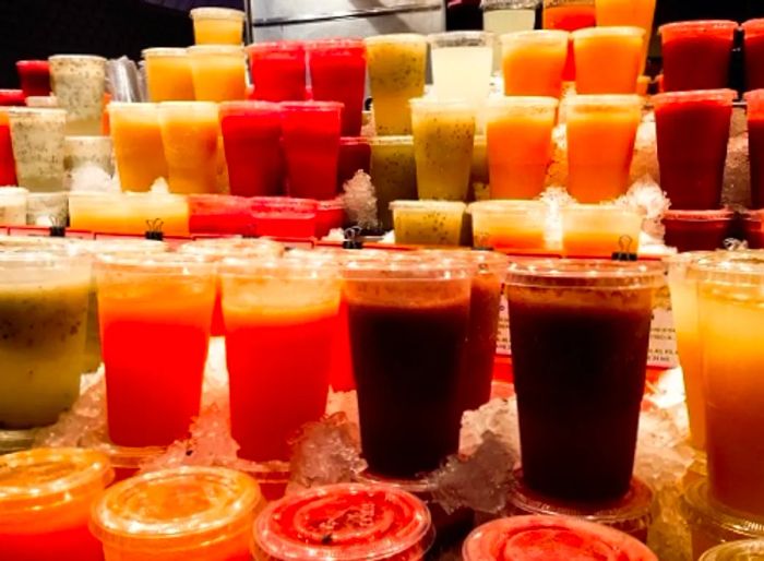 colorful smoothies showcased at La Boqueria