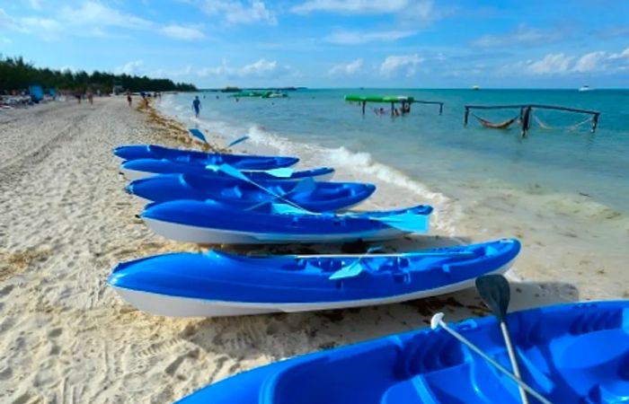 Kayaks lined up at Isla Pasion in Cozumel