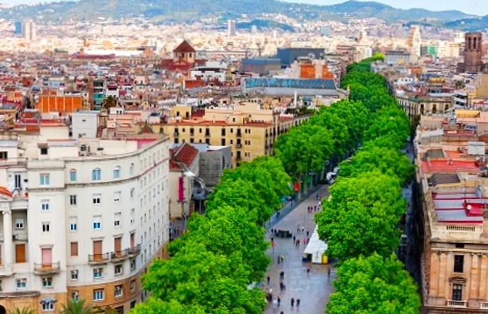 an aerial view of Las Ramblas in Barcelona