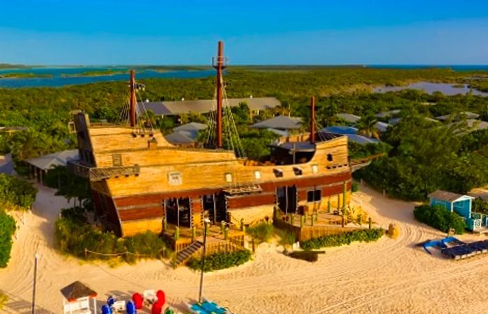 aerial view of the pirate ship moored on the beach at Half Moon Cay