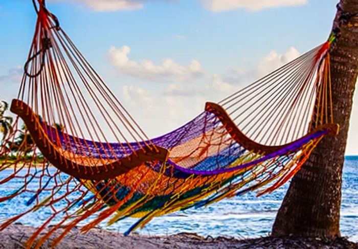 a vibrant hammock draped between two palm trees on the beach