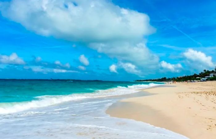 Blue ocean waves crashing against the white sands of Cabbage Beach in Nassau, Bahamas