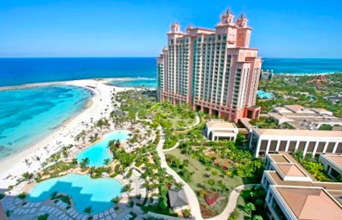 Aerial view of Atlantis Resort and beach in Nassau, Bahamas