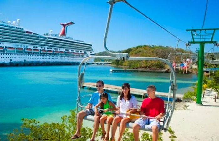 family riding the magical flying beach chair in Mahogany Bay