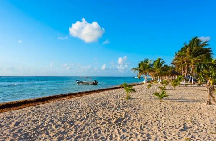 a small boat near the shore of Uvero Beach in Costa Maya