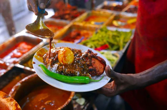 Close-up of the famous Nasi Kandar or Kandar Rice in Penang State, Malaysia