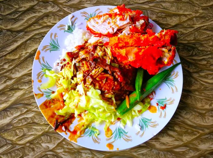 Close-up or overhead view of Malaysia's famous dish: Nasi Kandar or Kandar Rice