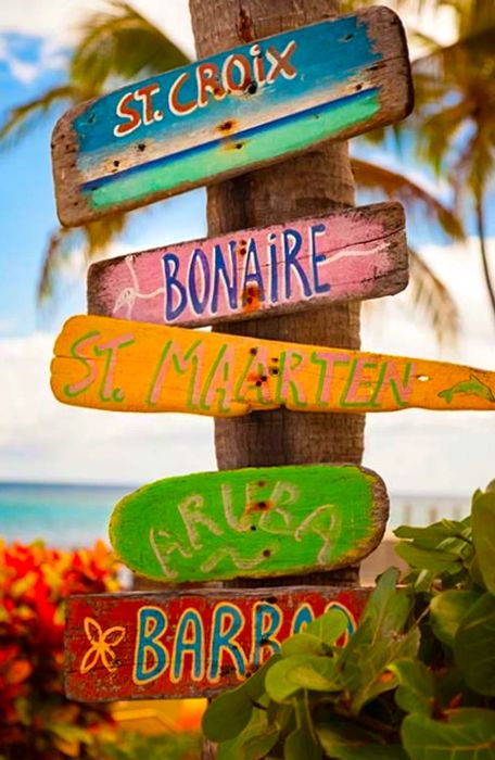 a Caribbean signpost indicating various destinations