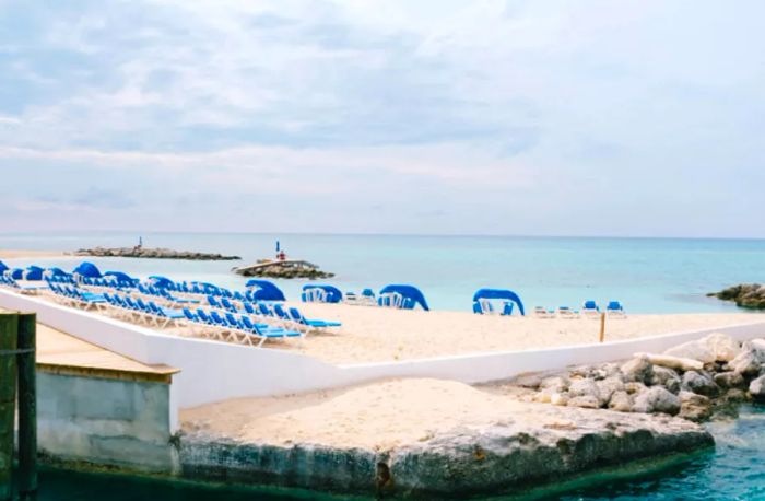 beach loungers lining the shore