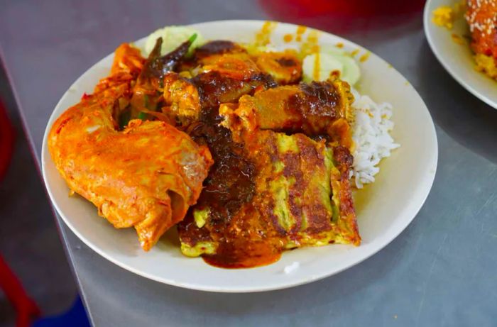 Close-up of the famous Nasi Kandar or Kandar Rice in Penang State, Malaysia