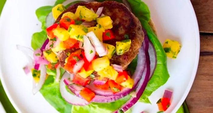 turkey burger with jamaican jerk seasoning and pineapple salsa