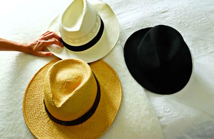 Three hats resting on a bed, with a hand reaching out to grab one.