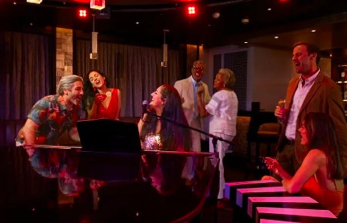 a group of friends singing together at the Piano Bar