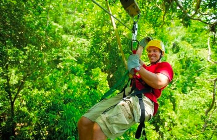 a man soaring through the forest on a zip line