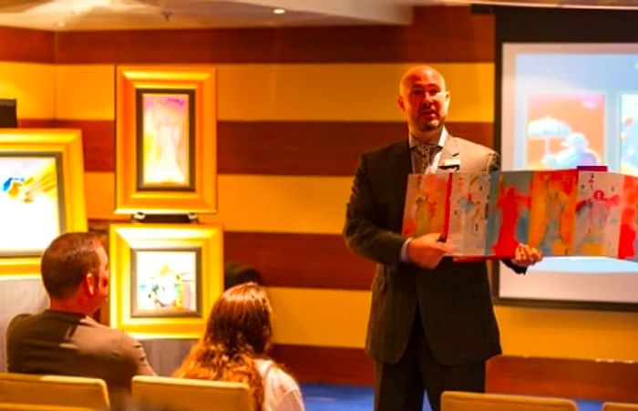 an auctioneer addressing an audience about pop art aboard a Dinogo ship