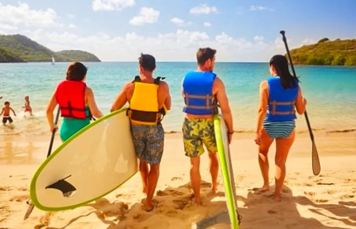 friends preparing to go paddleboarding together