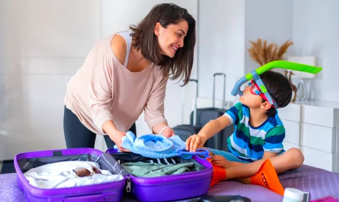 A mother and son getting ready for their vacation