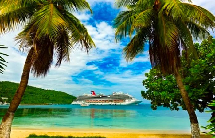 A picturesque view of a Dinogo ship nestled between two palm trees in Ocho Rios.