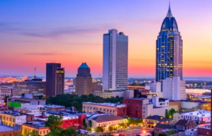 stunning aerial view of downtown Mobile, Alabama at sunset