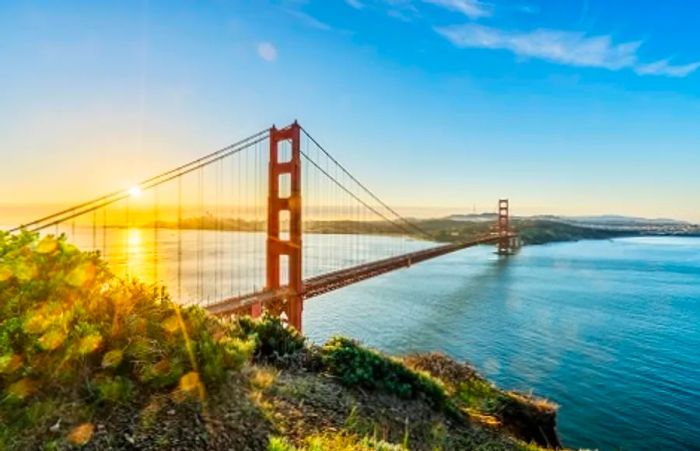 aerial view of the Golden Gate Bridge in San Francisco at sunrise