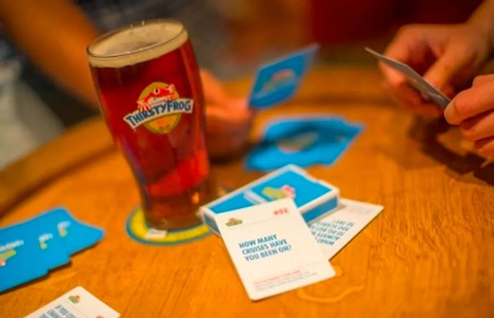 friends enjoying card games and sipping beer at the RedFrog Rum Bar aboard the Dinogo Horizon