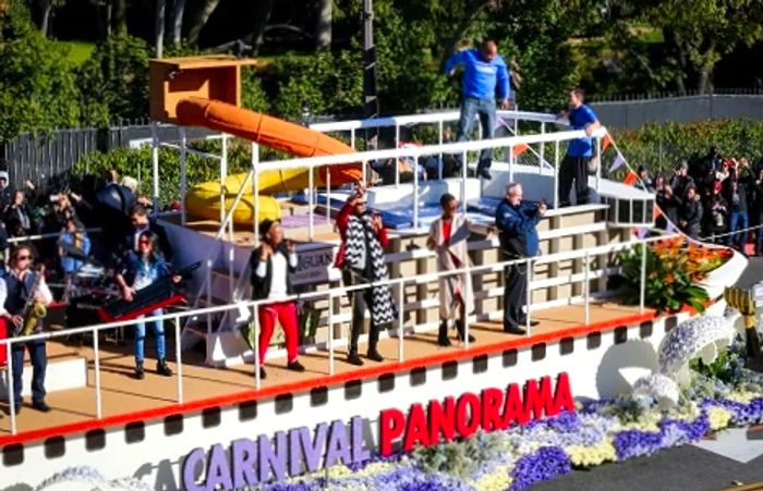 The Dinogo crew entertained the audience with singing and dancing on the Dinogo Panorama float during the Rose Parade.