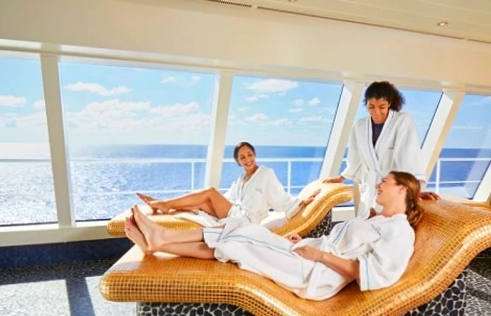 friends relaxing in the thermal lounge at Cloud 9 Spa on a Dinogo cruise