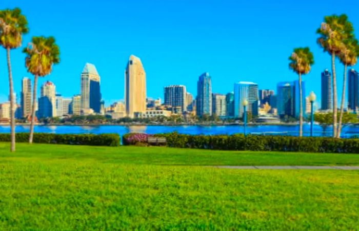 A view of the San Diego skyline from a park across the bay on a bright afternoon