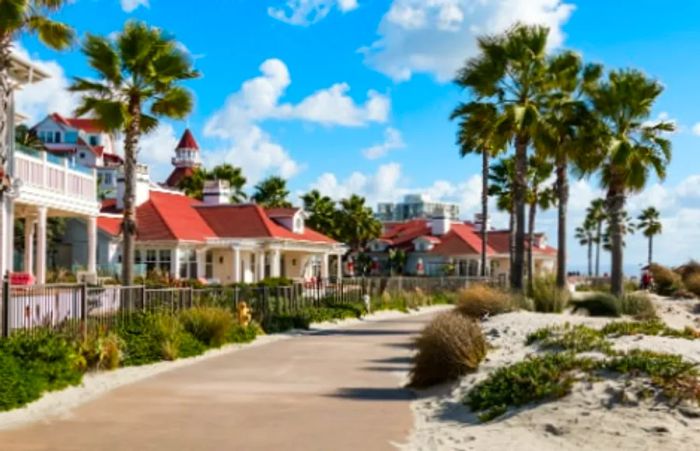 The iconic red and white hotel building by the beach on Coronado Island