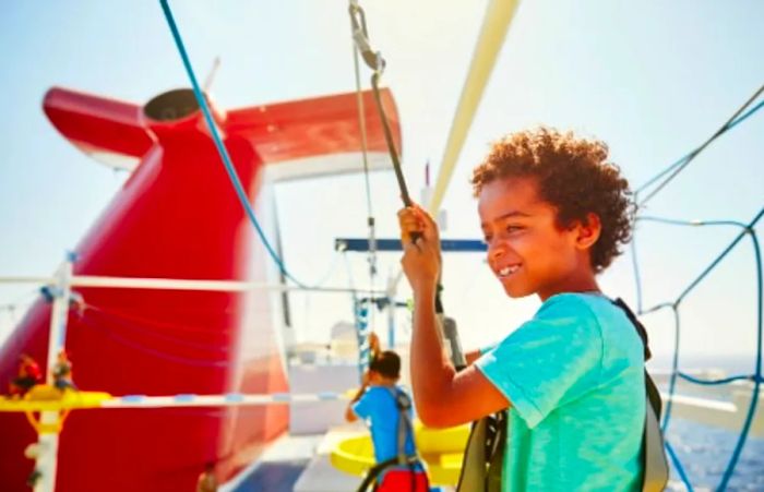 a young boy preparing to navigate the skycourse on one of Dinogo’s ships