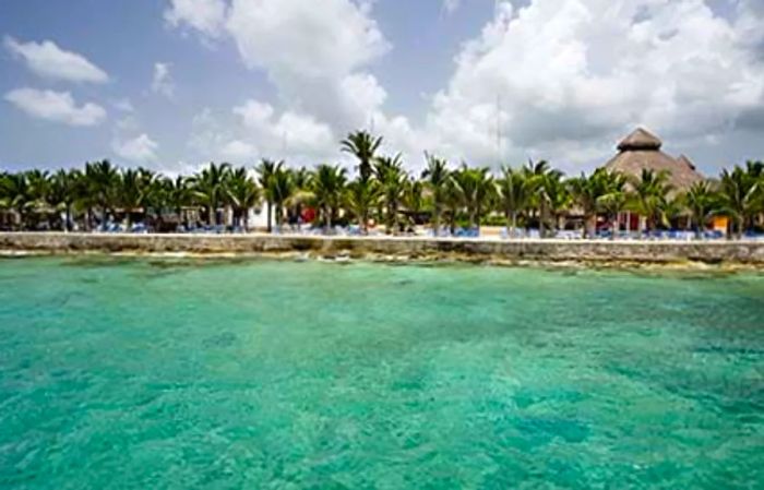 Crystal-clear blue waters of Cozumel with the beach and palm trees visible in the distance