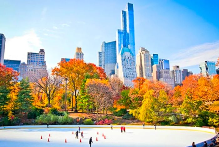 people ice skating in Central Park with skyscrapers towering in the background